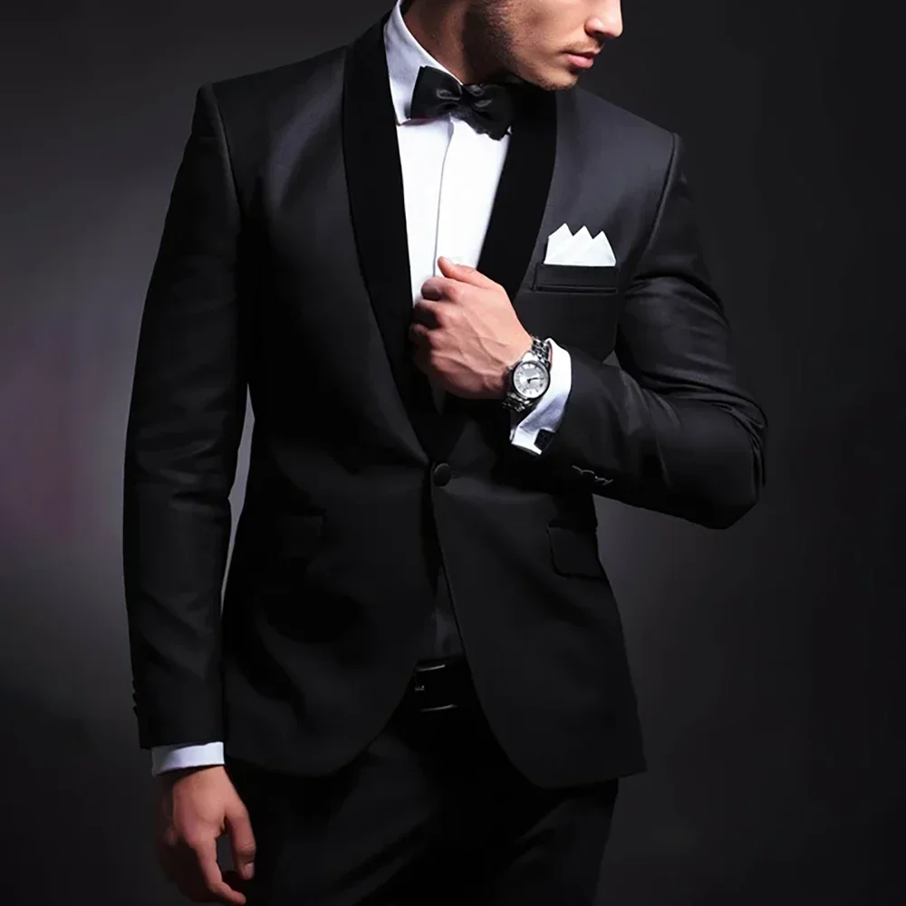 Black Men Suits Wedding Tuxedos One Button Skinny Male Clothing Velvet Shawl Lapel 2 Piece Jakcet Pants Slim Fit Male Clothing