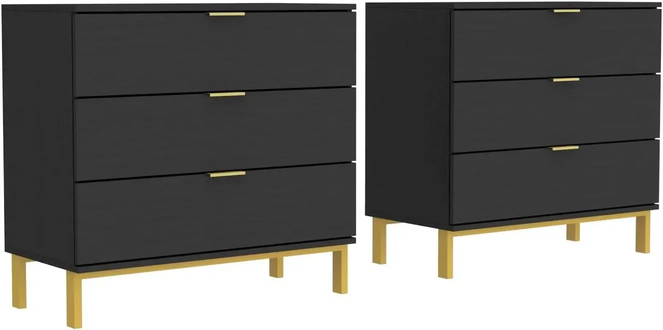 Large Nightstands Set of 2 Bedside Table Dresser End Table with Gold Metal Legs for Bedroom Black and Gold