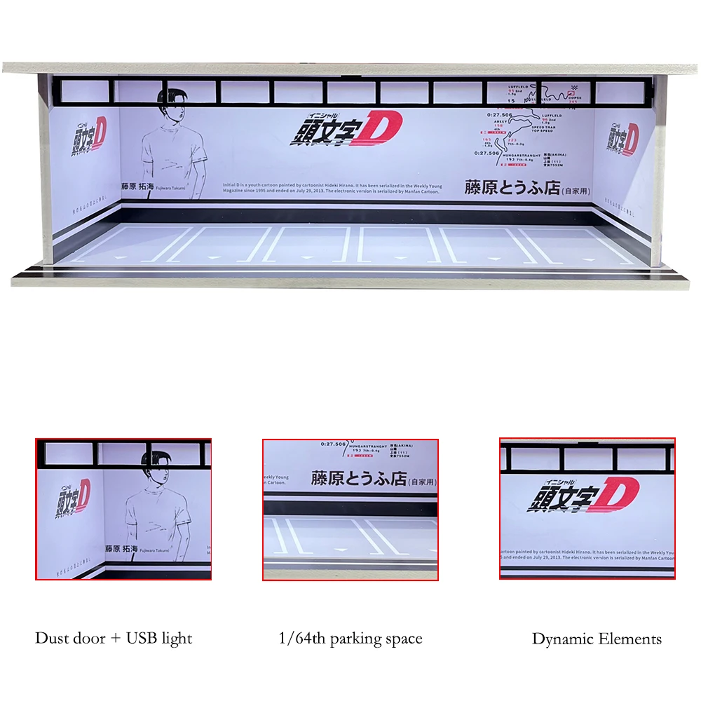 Auto-Garage-Diorama im Maßstab 1:64, mit USB-LED-Licht, realistische Parkplatz-Vitrine für Modellautos und Miniaturfahrzeuge – Detail 12