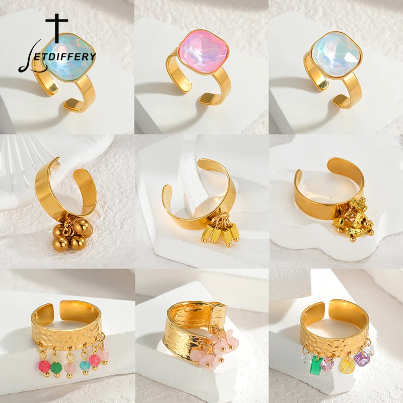 Letdiffery Fashion Colorful Zircon Rings for Women Stainless Steel Romantic Adjustable Wide Open Gold Color Fine Rings Jewelry