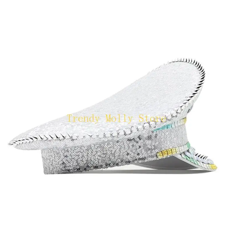 N5KB حجر الراين قبعة البحرية لسيدة زفاف العروس التألق الرقيب قبعة الجدة حفلة عيد ميلاد قبعة الكابتن قبعة للنادي الليلي #5