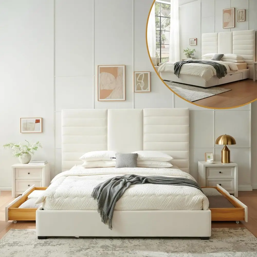 

Cream King Size Storage Bed with Velvet Fabric and Wooden Slats, No Box Spring Required, Easy Assembly