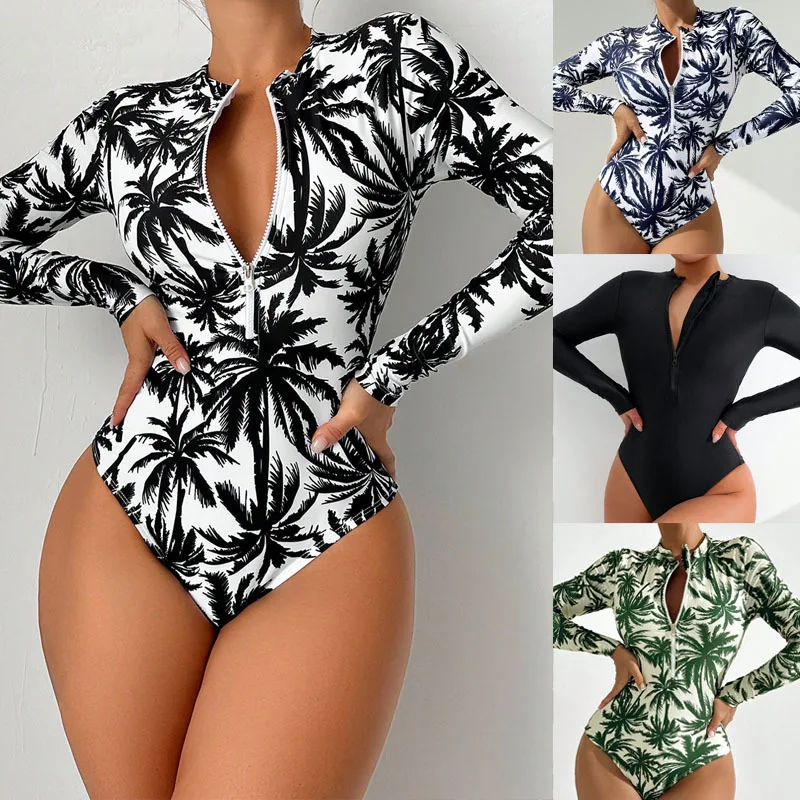 European and American swimsuit women, tight-fitting quick-drying beach bikini, hot spring long-sleeved one-piece swimsuit