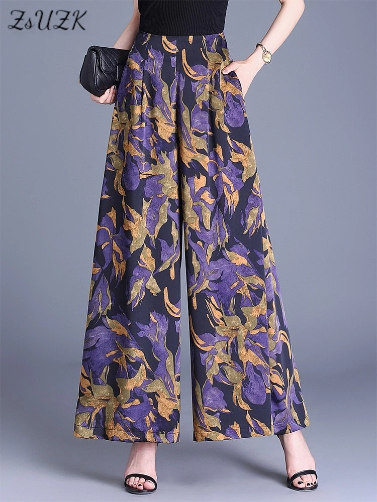 

ZUZK Summer Fashion Printed Wide Leg Pants Comfortable Women New Korean Version Elastic Waist Loose Casual Pants Ecetate Fabric