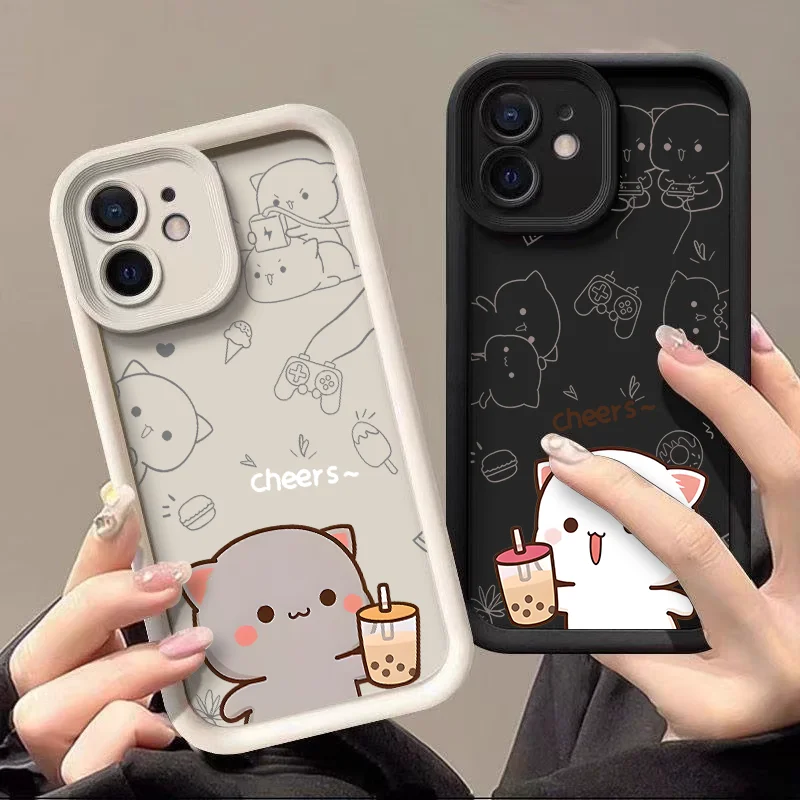 Cartoon Peach Mochi Cat Couple Case for Xiaomi 14T 13T Pro Redmi Note 10 12 13 14C 9 Poco M6 Lite Cute Animal Paired Soft Cover
