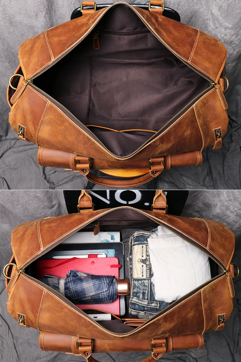 MUNUKI Vintage Crazy Horse Genuine Leather Travel bag Large Luggage bag men Leather duffle bag Large Weekend Bag Tote Big