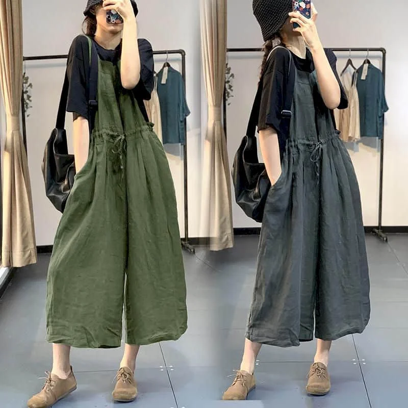 Linen Jumpsuits for Women Loose Waist Drawstring Playsuits Safari Style One Piece Outfit Women Casual Cropped Wide Leg Pants