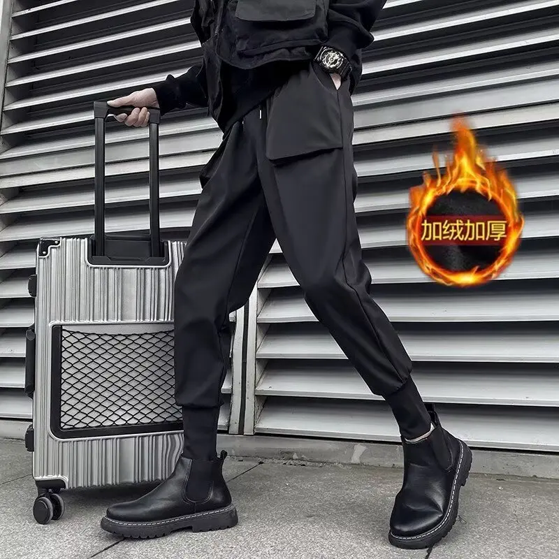 Thickened Fleece-lined Men's Cargo Pants Black Men's New Korean Loose Cargo Pants Men's Umbrella Pants Winter Harajuku Jogger