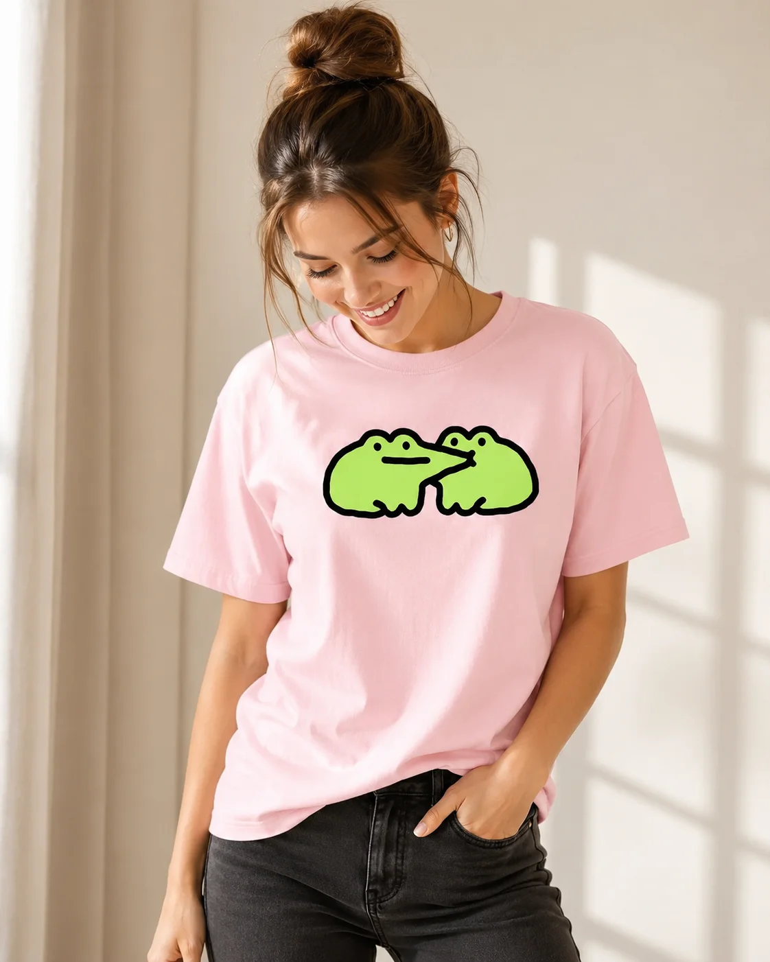 Women Trendy Cartoon Cute Little Frog Kiss Pattern Printed Short Sleeved Tshirt Top Fashionable Trend Casual Sports Style Summer