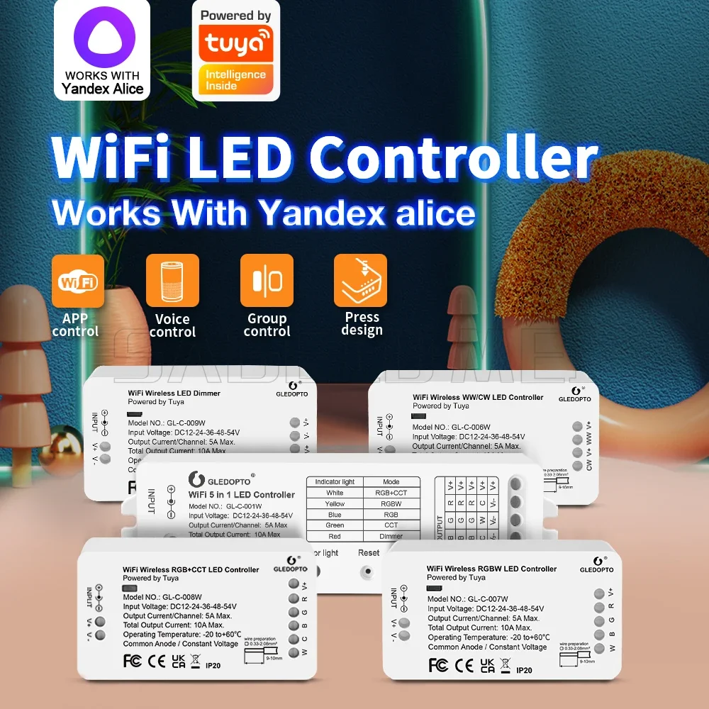 Gledopto Yandex Alice WiFi LED Controller RGBCCT DC12-24V Tuya Smart Life App Voice Control Warm Cold White Dimmable Strip Light