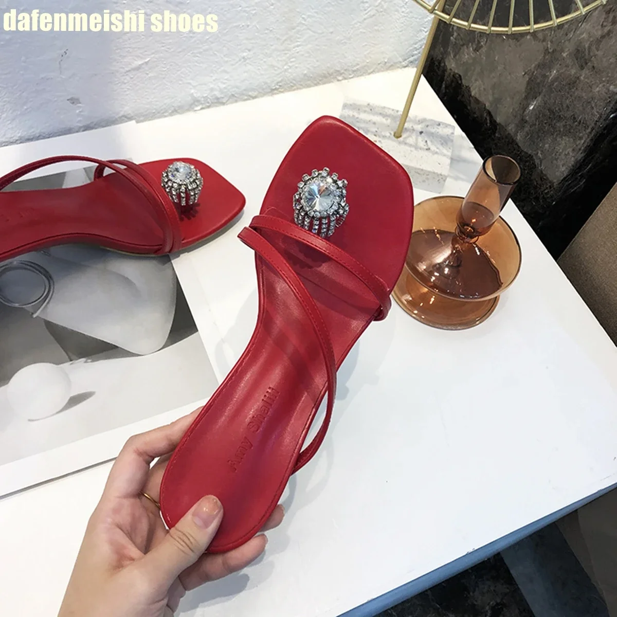 

Crystal Bling Bling Women Toe Set Slippers Slip On Square Toe Sexy Thin Heel Sandals 2025 Summer New Fashion Slides