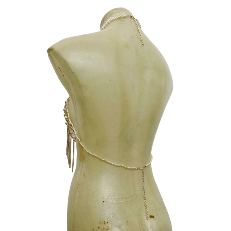 Damen Perlenbesetztes Neckholder-Crop-Top mit Aussparungen, Quasten, Körperkette, rückenfreies Mesh-Top für Party, Club, Festival, Y2K Damen-Crop-Tops – Detail 6