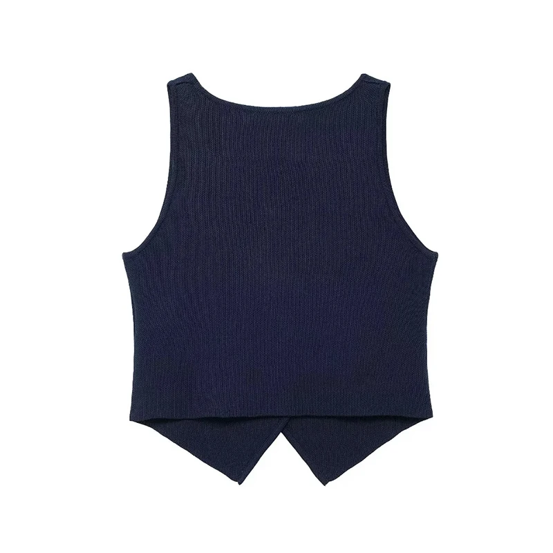 YUEYANG Women Fashion Chic Navy Blue Plain Knit Short Vests Female Buttons V-Neck Sleeveless Sweaters Ladies Knitwear