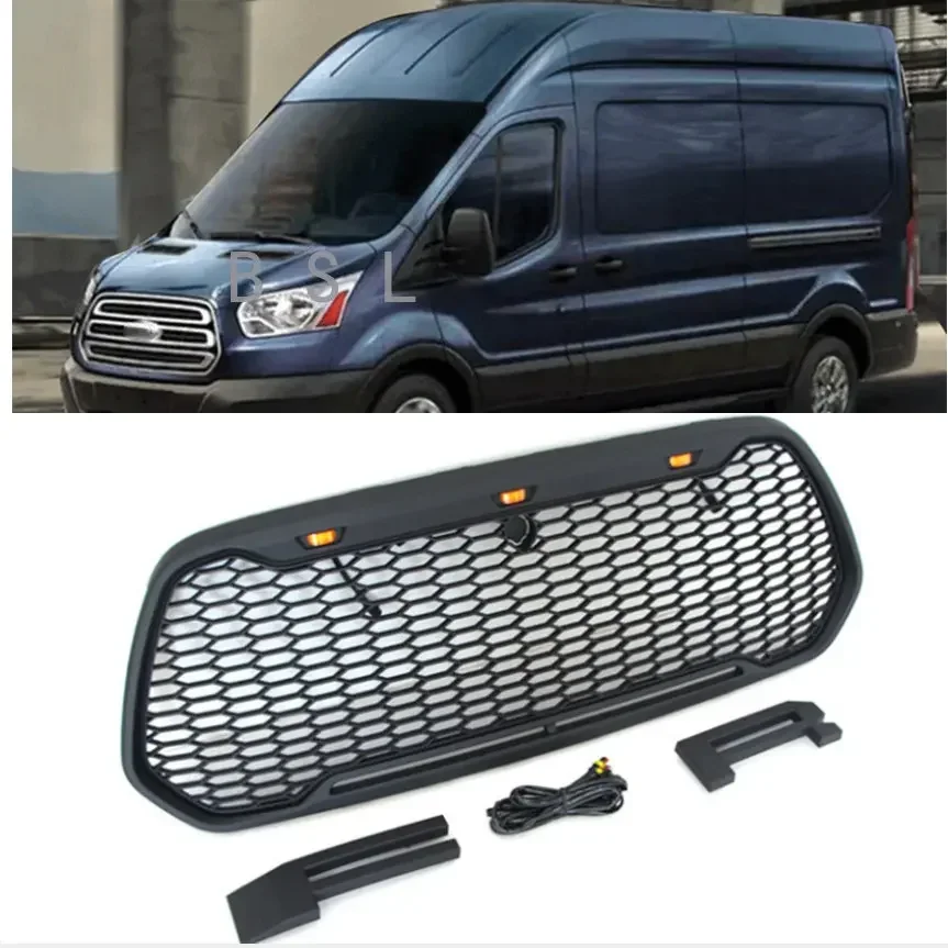 Car ABS Black Or Grey W/LED Light Front Mesh Grill Mask Bumper Grille Fit For Ford Transit Custom (North US Version) 2014-2021