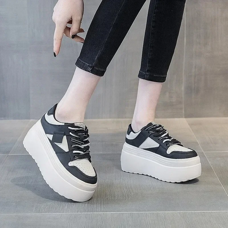 8cm Casual Platform Wedge Hiden Heel Genuine Leather Shoes Chunky Sneakers Vulcanized Women Spring Autumn Loafers Mixed Color