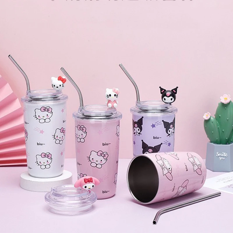 

Kawaii Anime Hello Kitty Y2K Straw Cup Sanrioed Kuromi My Melody Stainless Steel Thermos Cup Cartoon Cute Portable Children Gift