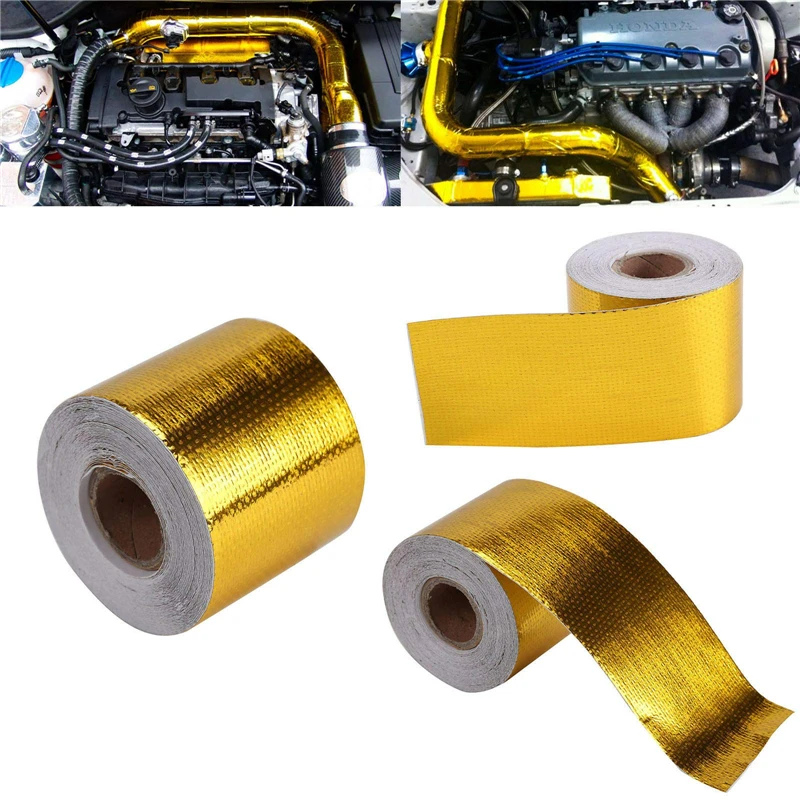 

9mx5cm Fiberglass Heat Reflective Tape Gold High Temperature Heat and Sound Shield Wrap Roll Adhesive New Car Accessories