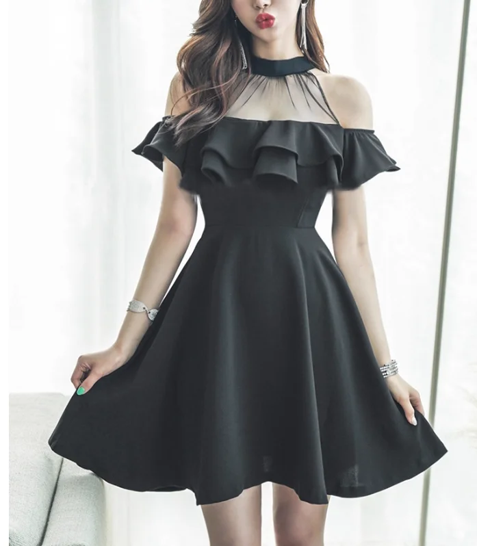 Robe noire Sexy à volants pour femmes, grande taille, épaules dénudées, mode, taille haute, ligne a, robes élégantes coréennes rajeunissantes, été