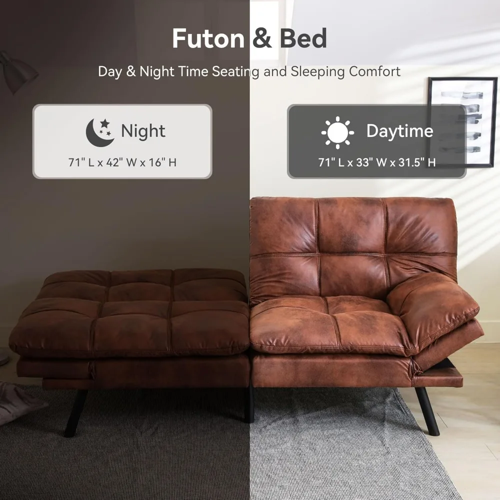 أريكة سرير فوتون حديثة من الجلد الصناعي الفاخر مع مسند ظهر ومسند للذراع قابل للتعديل، نائمة مدمجة بمقعدين #6