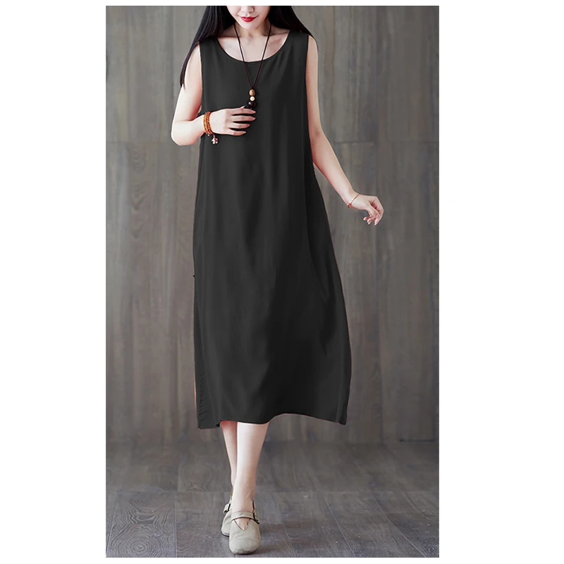 Vestido sin mangas de verano de seda de algodón para mujer, jersey negro con cuello redondo, vestido sin mangas, ropa sencilla para el hogar, camisón fresco