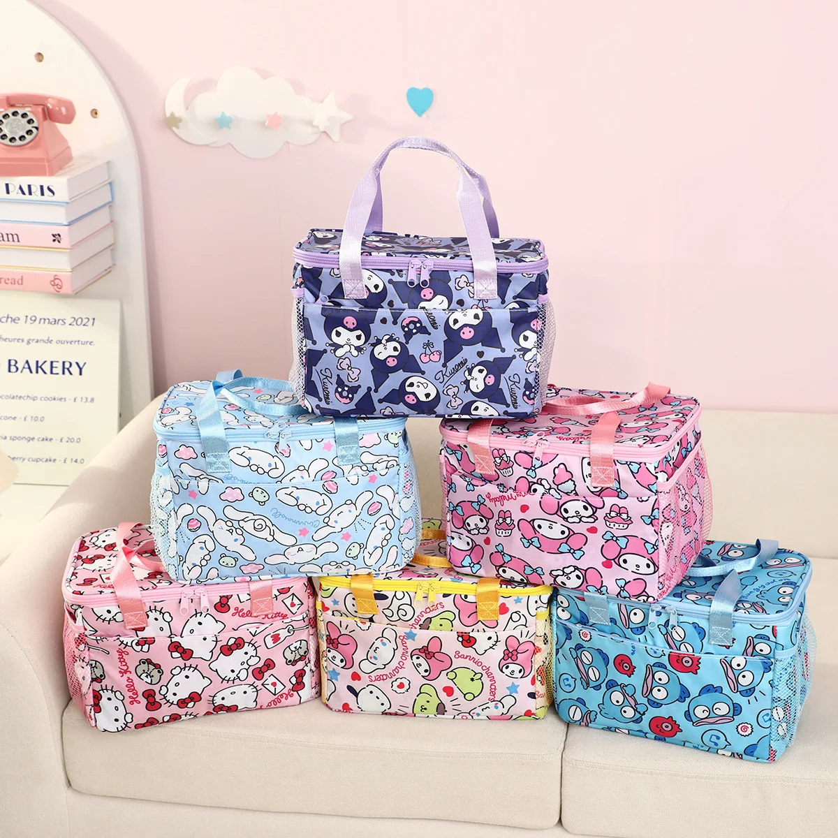 

New Kuromi Sanrio Lunch Box Bag Cute Hello Kitty Girl Insulation Bag Student Convenient Picnic Bag Cartoon Anime Bags for Woman