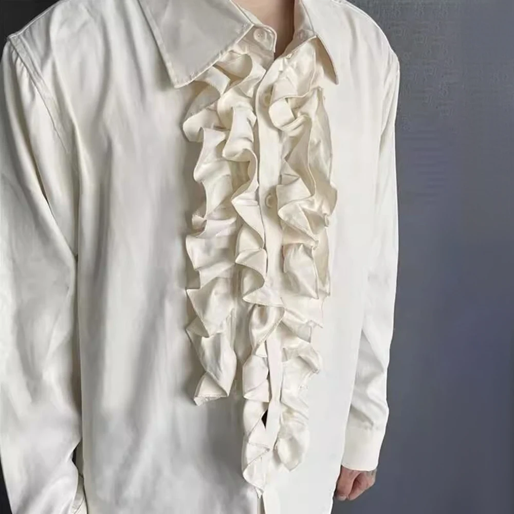 Mens Palace Style Ruffled Long-Sleeved Shirt 2024 New Genderless Medieval Pleated Loose Retro Solid Color Stage Clothing Unisex