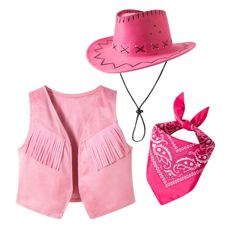 Children Western Cowboy Role Playing Costume Kids Girl Boy Fringed Vest for Carnival Halloween Party Boys Outfit Vest Scarf Hat