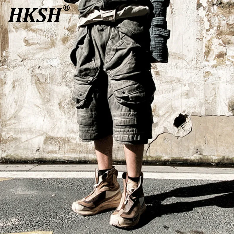 HKSH Spring New Men Tide Punk Techwear Cotton Shorts Waste Land Vintage Pleated Three-dimensional Pockets Ins Cargo Pants HK4341