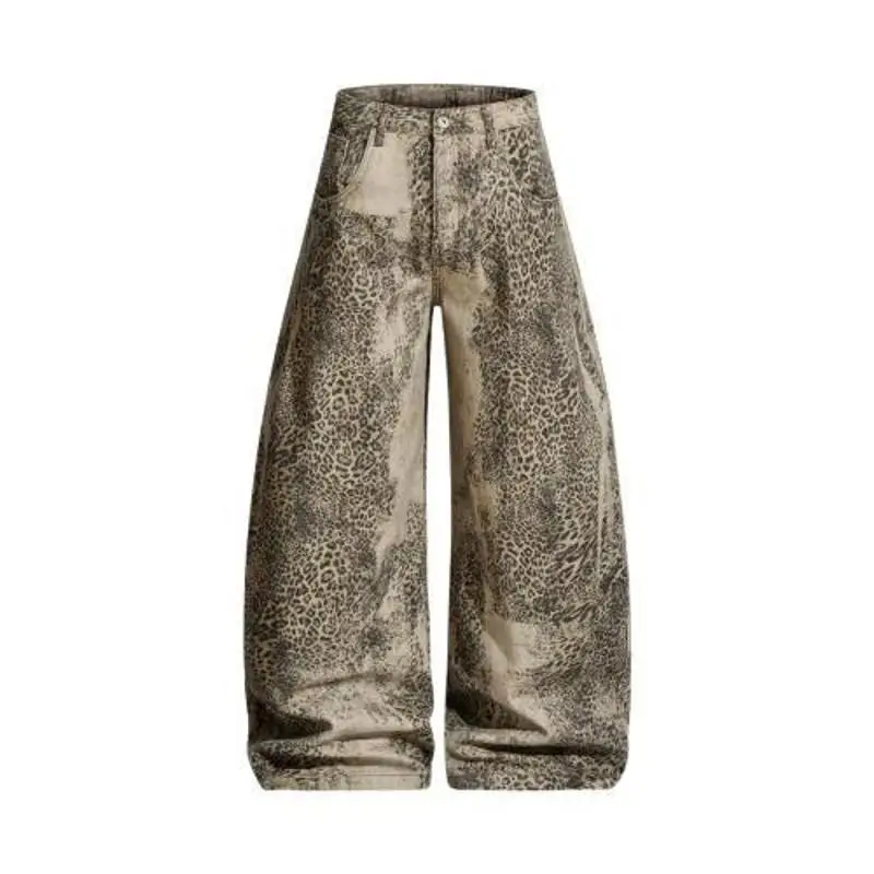 Mr. WH American Retro Leopard Print Jeans Loose Wide Leg Pants Casual Long Trousers for Men And Women Trendy Low Waist Denim
