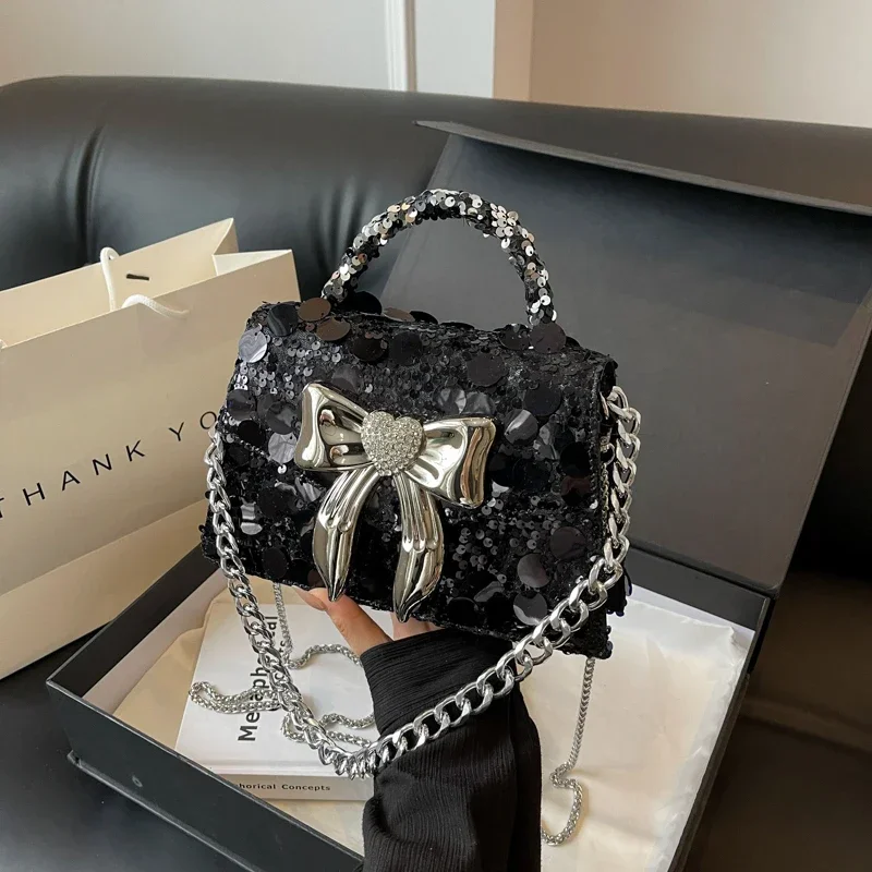 

2024 Shiny Sequin Silver Evening Clutch Bag Party Purse Handbag For Women Designer Women's Day Gift Luxury Chain Shoulder Bags