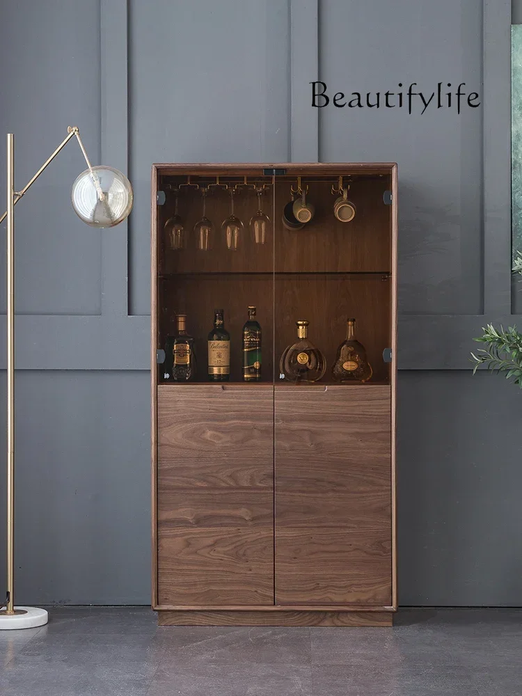 

N Nordic Style Black Walnut Glass Door Wine Cabinet Italian Minimalist Display Cabinet Modern Light Luxury Storage Cabinet