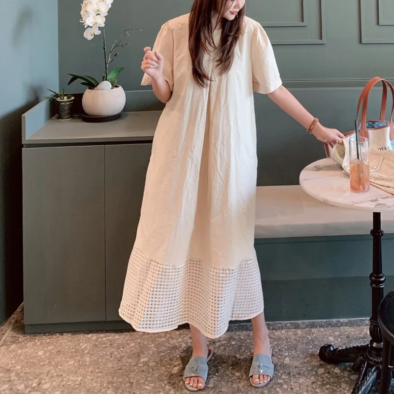 

Fashionable Korean Style plus Size Women's Dress round Neck Short Sleeve Patchwork Small Grid A-Line Skirt Long Dress