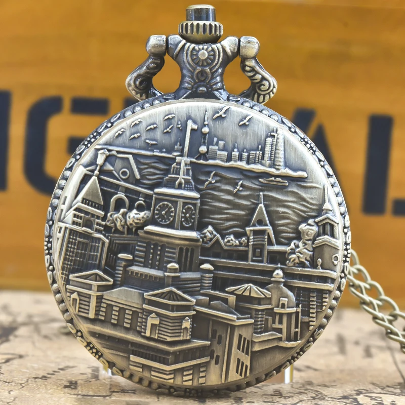 خمر البرونزية Steampunk شنغهاي الجذب منحوتة ساعة جيب كوارتز قلادة قلادة ساعة سلسلة الرجال سلسلة نسائية هدية