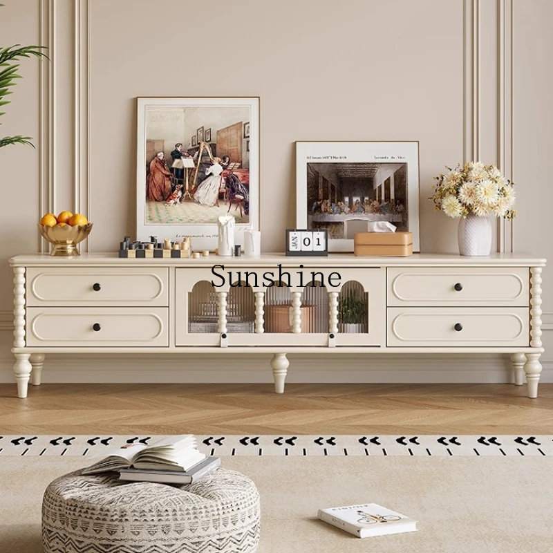 French cream style white solid wood TV small apartment living room home locker integratedP