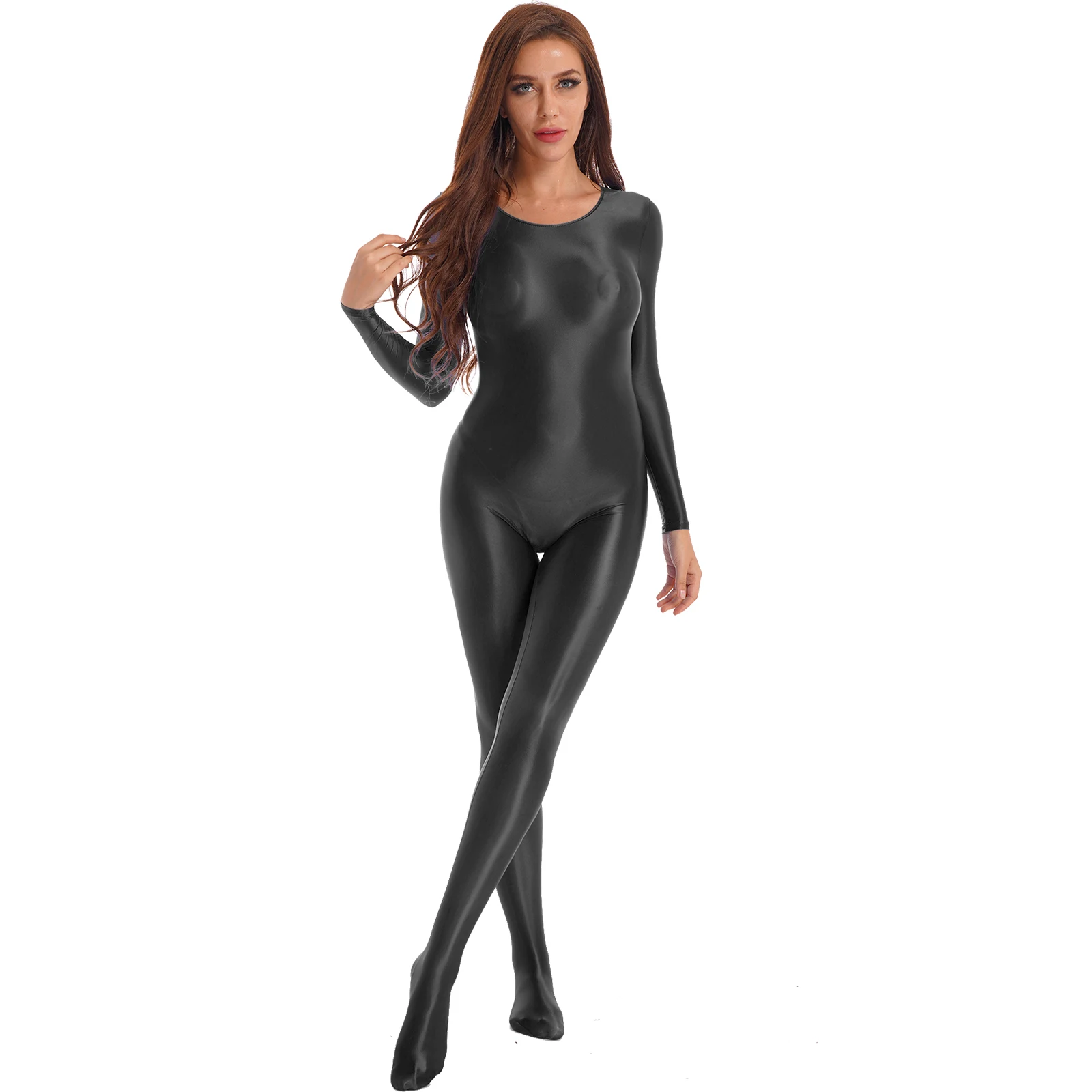 Damen Overalls Langarm glänzende Dessous Body stocking Frau Gymnastik Bodysuit Catsuit für Pole Dance Clubwear Nachtwäsche