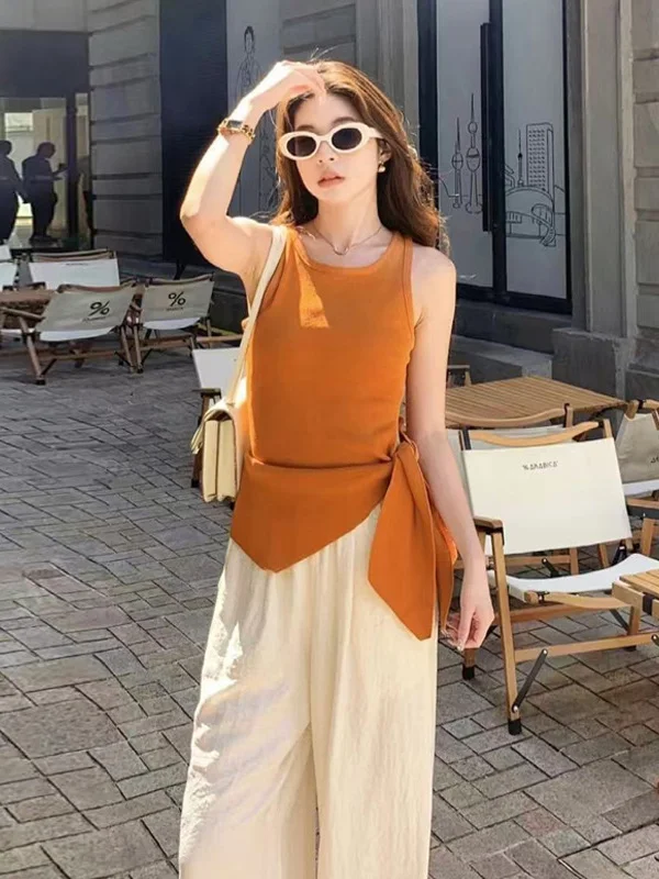 

Оранжевый асимметричный топ на бретельках для женщин, летняя уличная одежда, праздничный стиль, без рукавов, с красивой открытой спиной, в стиле дофамин