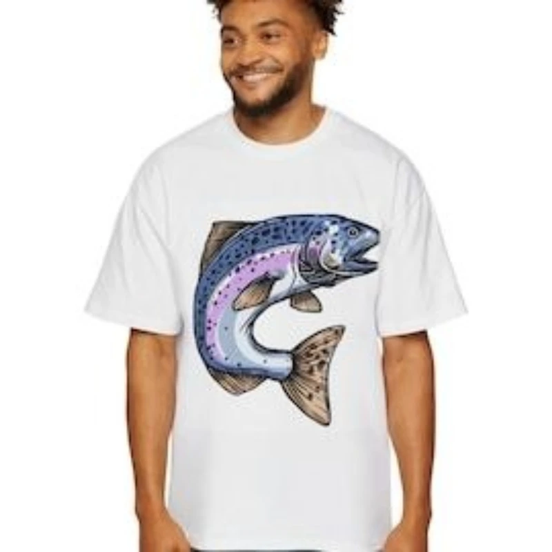 Mens Tshirt Short Gradient Pink Violet Ribbon Printed Jumping Salmon Silhouette Charcoal Spotted Dots for Daily Outwear