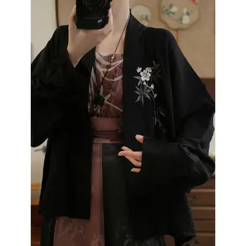 용수철 오리지널 블랙 자수 비행기 소매 한푸 탑 재킷, 중국 전통 여성 코트, 송나라 가디건 