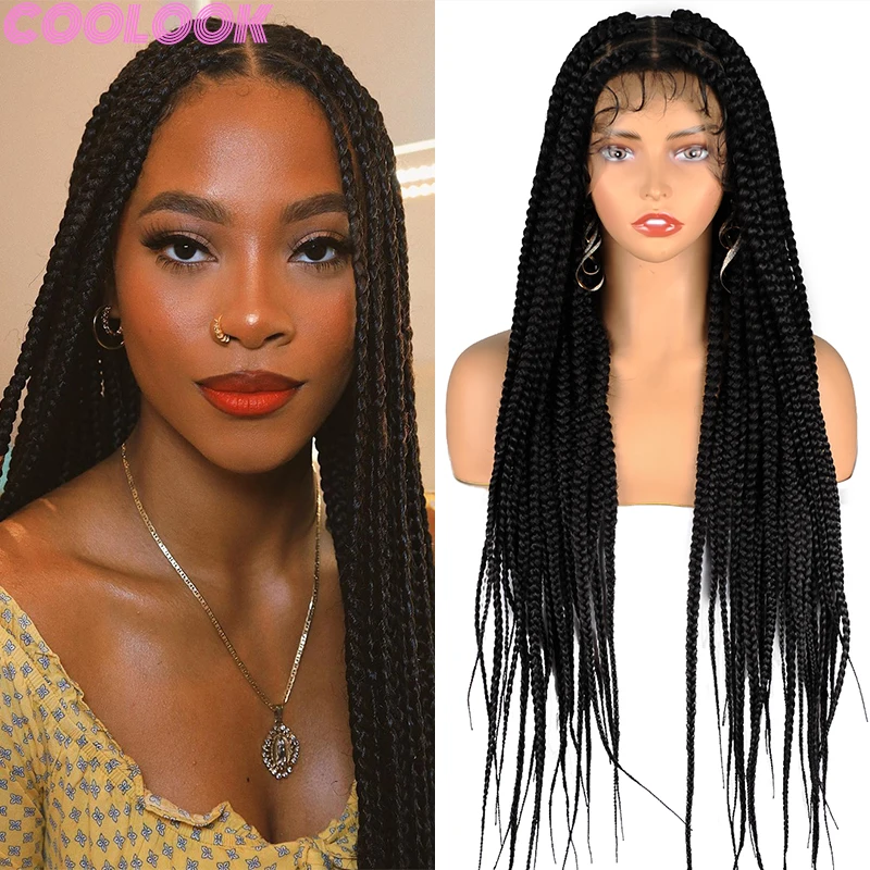 

36inch Box Braided Full Lace Wigs Heat Resistant Black Handmade Lace Front Braids Wig with Plaits Synthetic Braid Wigs for Women