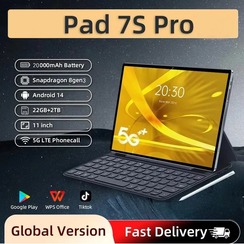 

2025 НОВЫЙ оригинальный планшет Pad 7S Pro, 11-дюймовый Global Edition HD Android 14 Tab, 22 ГБ + 2 ТБ, 20000 мАч, 5G, планшетный ПК с двумя SIM-картами