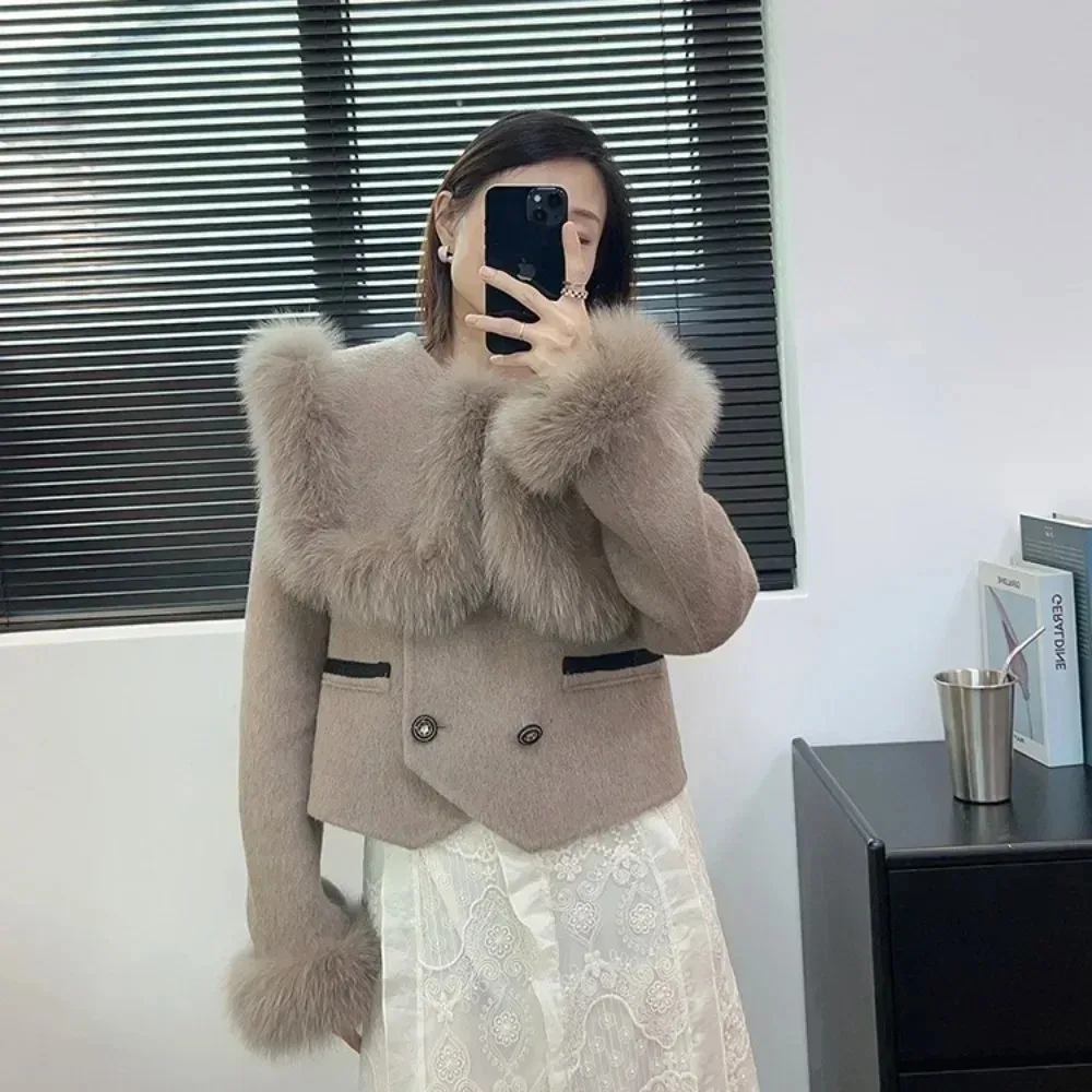 

Fur Sleeve Wool Coat Real Fox Fur Woolen Jacket Female Sailor Collar Double Breasted Fashion Sweet Women New Autumn Winter 2025