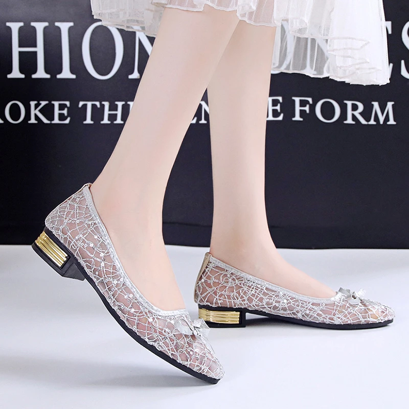 2022 Summer Women\'s Transparent Shoes Female Breathable Mesh Sandals Woman Party Sequins Low Heels Women Silver Big Size Sandals