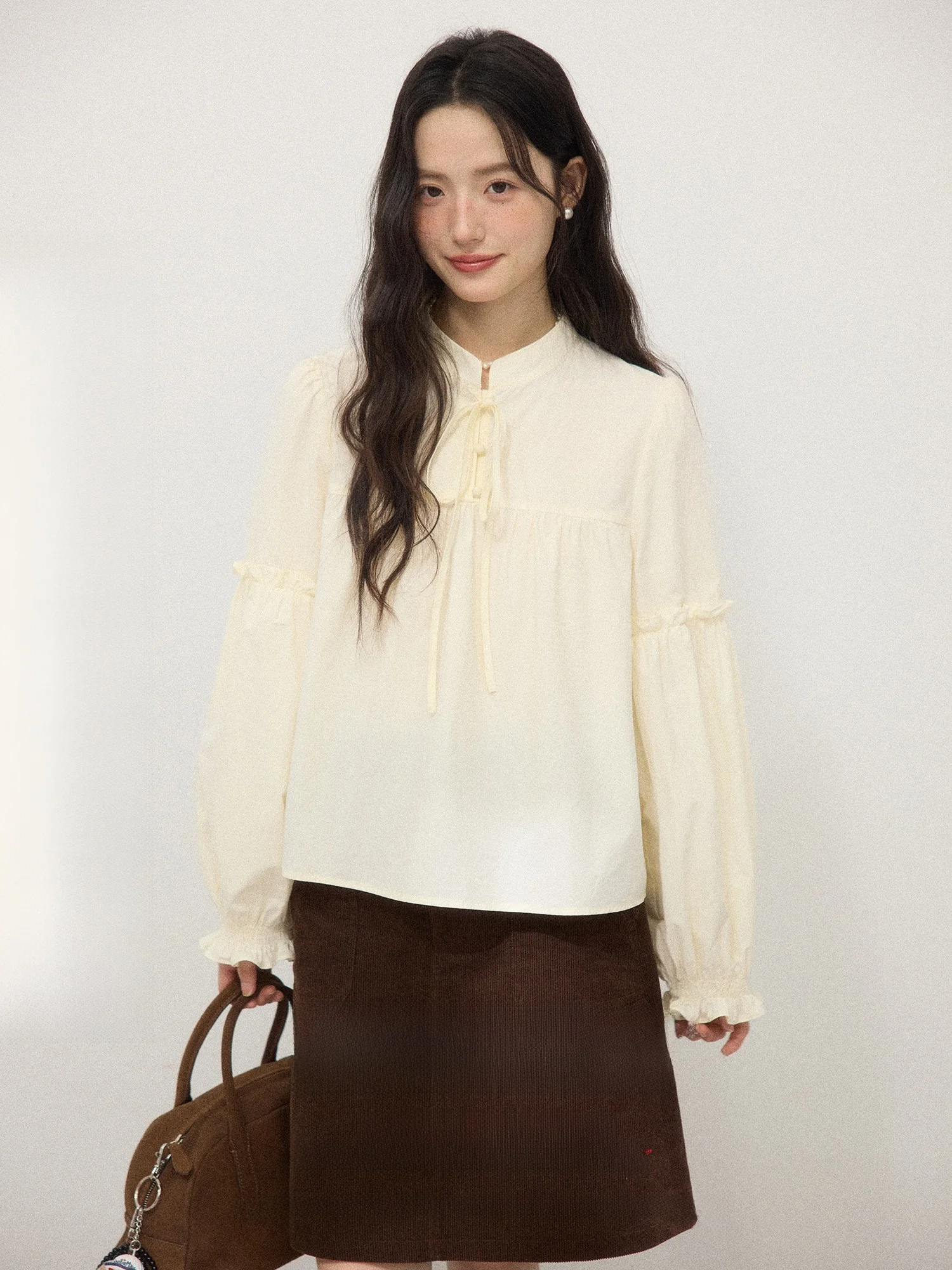 

Retro Lace irt Women's Winter Wheat Tangerine Knot Belt Long Sve Design Top Cotton 00% Stand Collar Button up