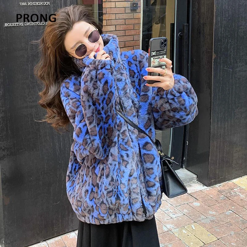 Winter Loose Leopard Print Faux Fur Coat Women Long Sleeve Zip Up Warm Soft Fluffy Jacket Thick Warm Streetwear Outerwear