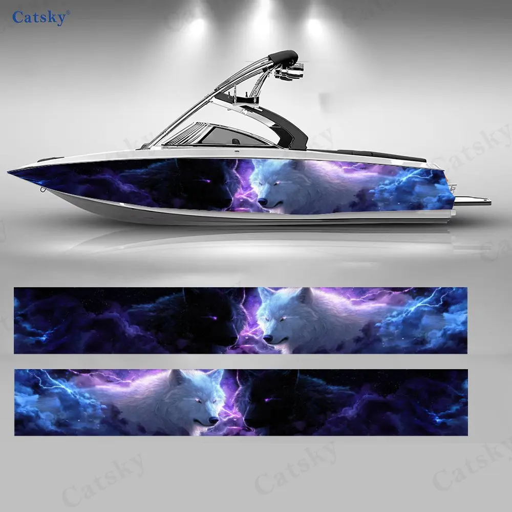 Thunder Twin Wolves Purple Mist Boat Stickers, PVC Waterproof Vinyl Wrap Decals for Fishing Boats, Durable and Stylish Design