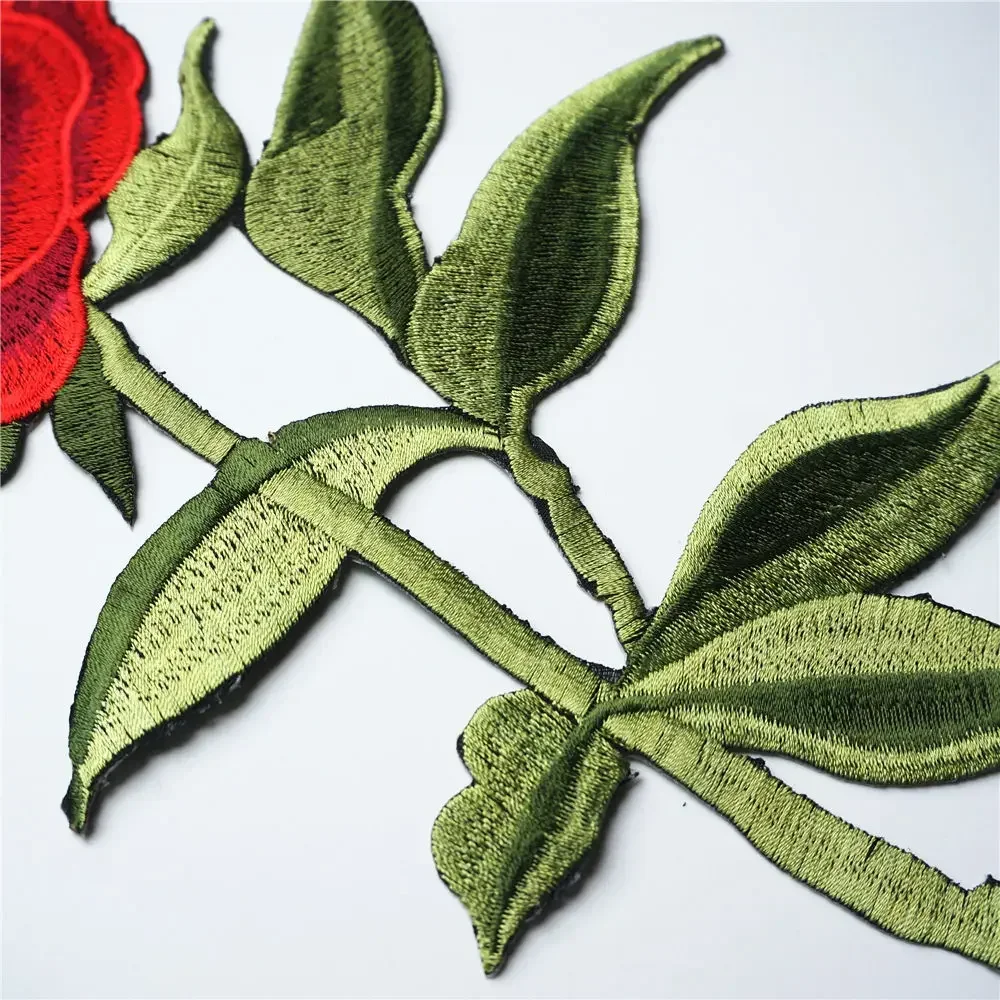 32CM Red Rose Leaves Sew Iron On Patches Embroidered Flowers Badges For Clothes DIY Appliques Craft Decoration