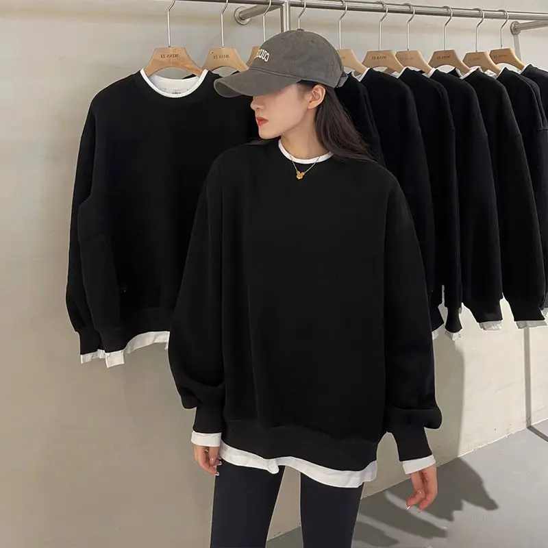 Autumn and Winter Women\'s Round Neck Long Sleeved Fake Two Pieces Loose Pullovers All Match Korea Fashion Classic Casual Tops