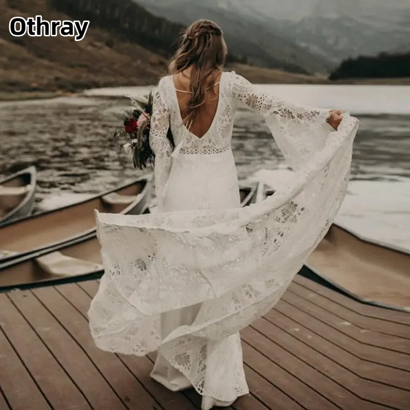 Othray Bohemian Mermaid Wedding Dress Sexy Backless Bride Dresses Cotton Crochet Lace Long Sleeve Country Boho Beach Bridal Wear