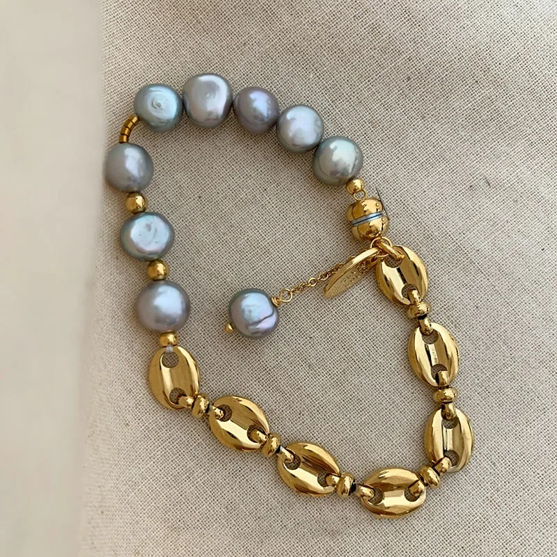 Bracciale a catena in chicco di caffè con perle grigie per donna bracciale con chiusura magnetica gioielli eleganti minimalisti estivi