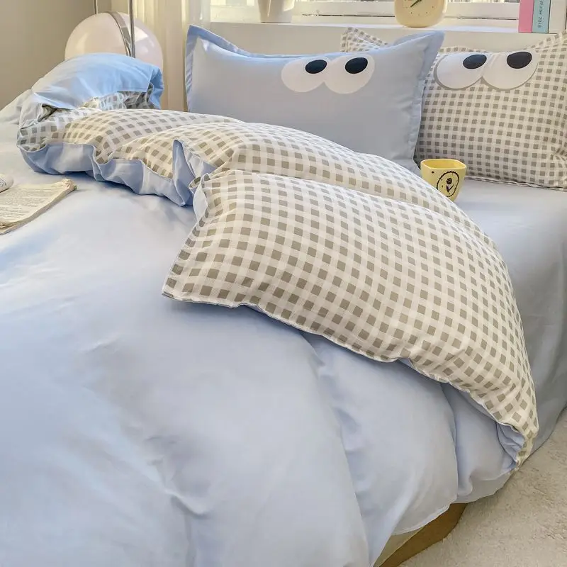 Ins Solid Color Duvet Cover Set No Filler Cute Big Eyes Flat Sheet Pillowcases Blue Polyester Single Doube Queen Size Bed Linens